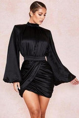 Black High Collar Lantern Sleeve Pleated Dress