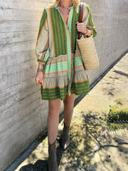 Ethnic Print Three-Quarter Charming Sleeve Mini Dress