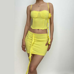 Flower Applique Solid Ruffle Ribbon Cami Mini Skirt Set