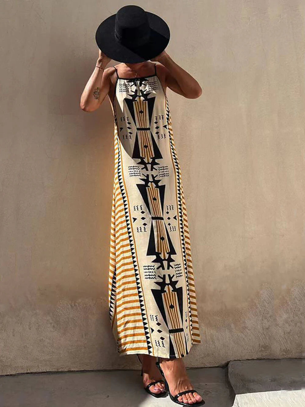 Ethnic Print Backless Charming A-Line Maxi Dress