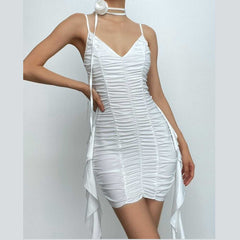 Ruched Solid V Neck Ruffle Flower Applique Cami Mini Dress