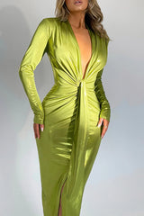 Glossy V Neck Ruched Slit Dress