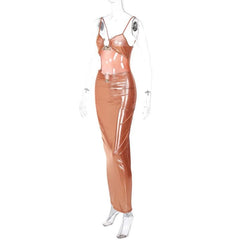 Hollow Out Metallic Ruched Backless Metal Applique Cami Maxi Dress