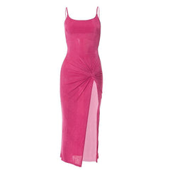 Knotted U Neck Slit Solid Irregular Backless Cami Midi Dress