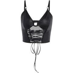 Backless V Neck O Ring Lace Up Fishnet Hollow Out Solid Cami Crop Top - Final Sale