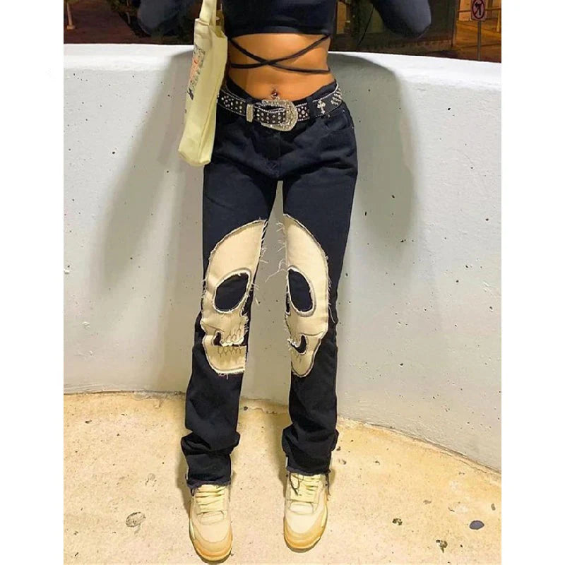 Womens Fashion Skull Patterned Low Rise Jeans Streetwear Women Clothing Black Denim Trousers Cyber Y2K Aesthetic Goth Pants C82-Di53