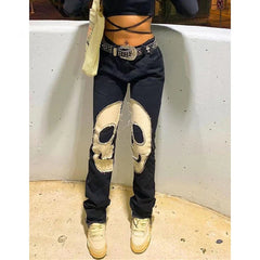 Womens Fashion Skull Patterned Low Rise Jeans Streetwear Women Clothing Black Denim Trousers Cyber Y2K Aesthetic Goth Pants C82-Di53