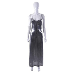Metallic V Neck Backless Solid Low Cut Cami Maxi Dress