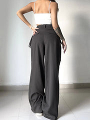 Shirring Casual Wide Leg Pants Women High Waist Street Basic Loose Sweat Trousers Korean Retro Gray Office Lady Pants