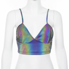 Laser Metallic V Neck Backless Cami Crop Top
