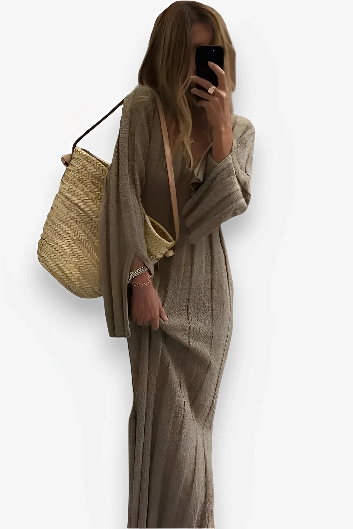 V-Neck Long Sleeves Knitted Sweater Dress