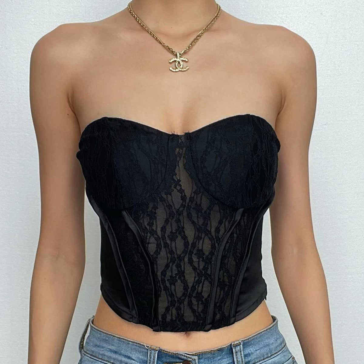 Lace Patchwork Sweetheart Neck Solid Zip-Up Corset Tube Top