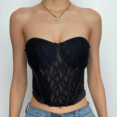 Lace Patchwork Sweetheart Neck Solid Zip-Up Corset Tube Top