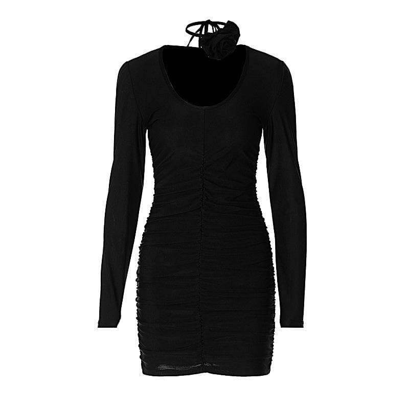 Ruched Long Sleeve Flower Applique U Neck Solid Mini Dress