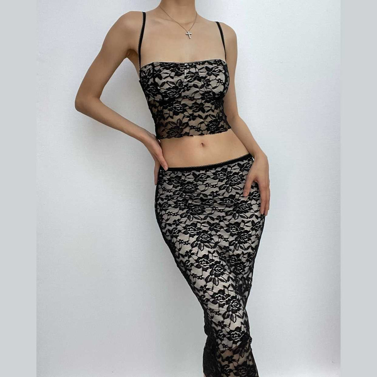 Lace Contrast Button Backless Square Neck Cami Midi Skirt Set