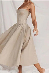 Slim Backless Pleated Mid-Length Dress