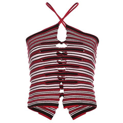 Knitted Striped Contrast Hollow Out Cross Front 2-Way Cami Crop Top