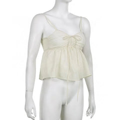 Solid Ruched Ruffle V Neck Smocked Self Tie Cami Top