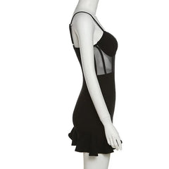 Ruffled Ruched Mesh See-Through Cami Mini Dress