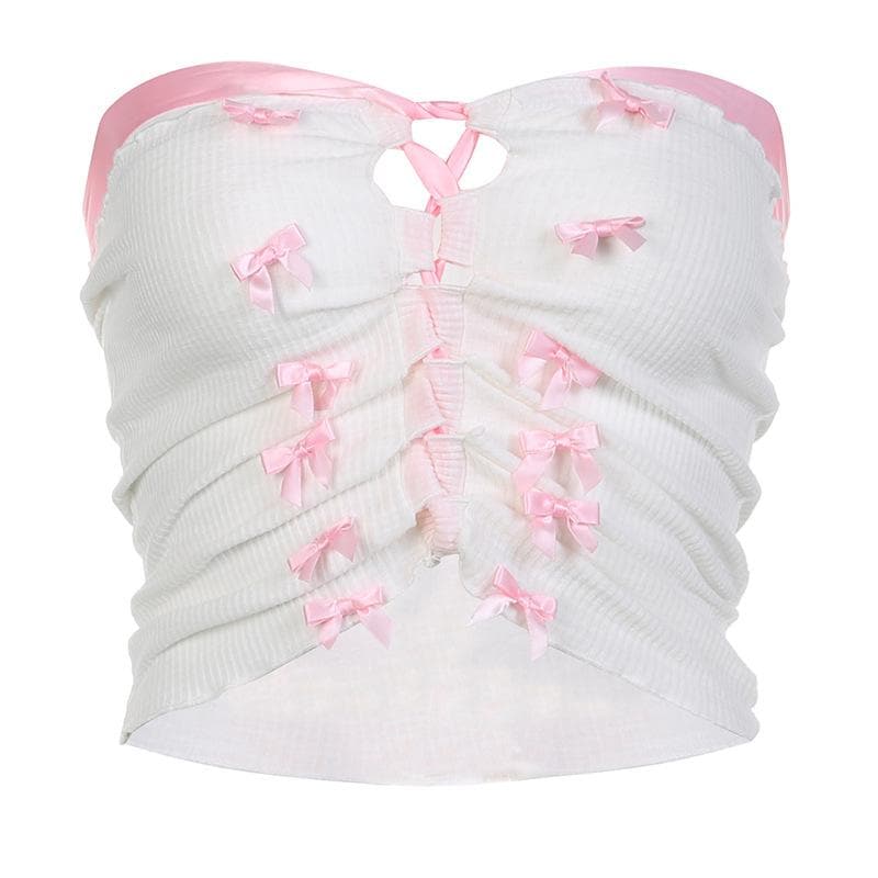 Ribbed Bowknot Contrast Lace Up Backless Tube Top - Final Sale