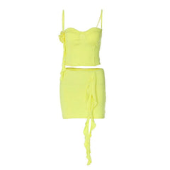 Flower Applique Solid Ruffle Ribbon Cami Mini Skirt Set