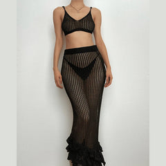 Crochet V Neck See Through Ruffle Irregular Cami Midi Skirt Set