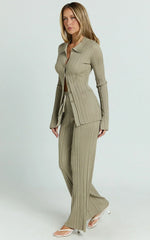 Kelsey Top - Button Through Long Sleeve Knitted Top in Taupe
