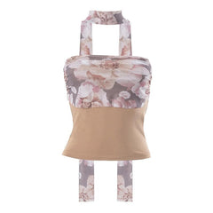 Flower Print Patchwork Contrast Ruched Backless Tube Top