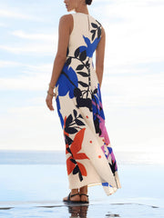 Satin Art Floral Charming Print Maxi Dress