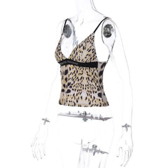 Leopard Print Beaded Patchwork V Neck Backless Cami Top