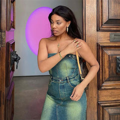 American Slim Fit Navel Strap Denim Tube Two Piece Dress