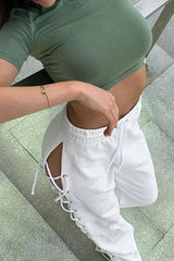 Side Slit Tie-Up Cutout Wide-Leg Long Pants