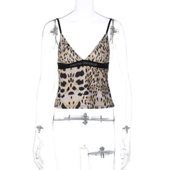 Leopard Print Beaded Patchwork V Neck Backless Cami Top