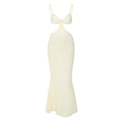 Solid Hollow Out Waffle Backless Cami Midi Dress