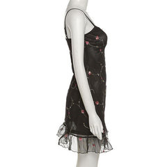 Mesh Ruffle Backless Flower Embroidery Contrast Cami Mini Dress