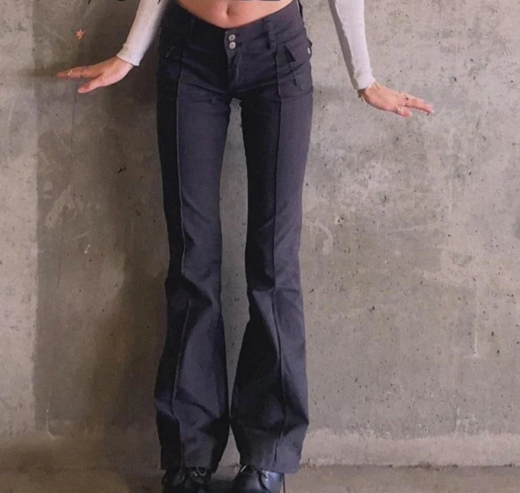 Indie Aesthetics Slim Low Waist Flare Pants E-Girl Vintage Pockets Solid Y2K Pants Autumn 90S Fashion Black Trousers