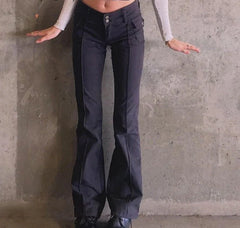 Indie Aesthetics Slim Low Waist Flare Pants E-Girl Vintage Pockets Solid Y2K Pants Autumn 90S Fashion Black Trousers