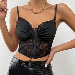 Ruched Lace Hem Bustier Button Backless Solid Cami Top