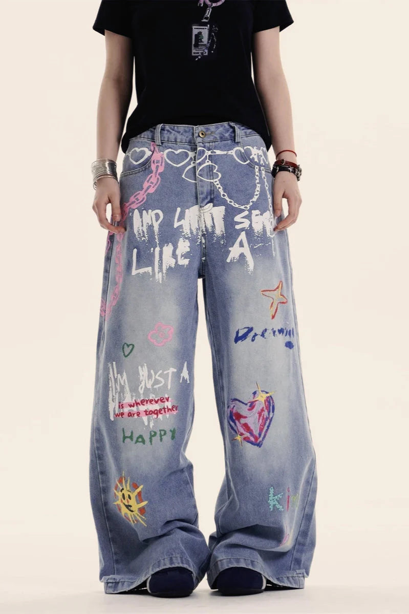 Y2K Baggy Graffiti Print Jeans