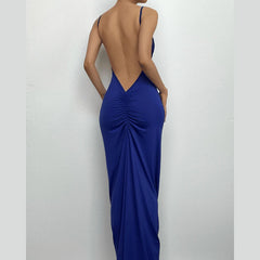 Ruched Solid Backless Cowl Neck Cami Maxi Dress