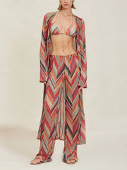 Beach Resort Geometric Print Graceful Bell Sleeve Cardigan Midi Dress