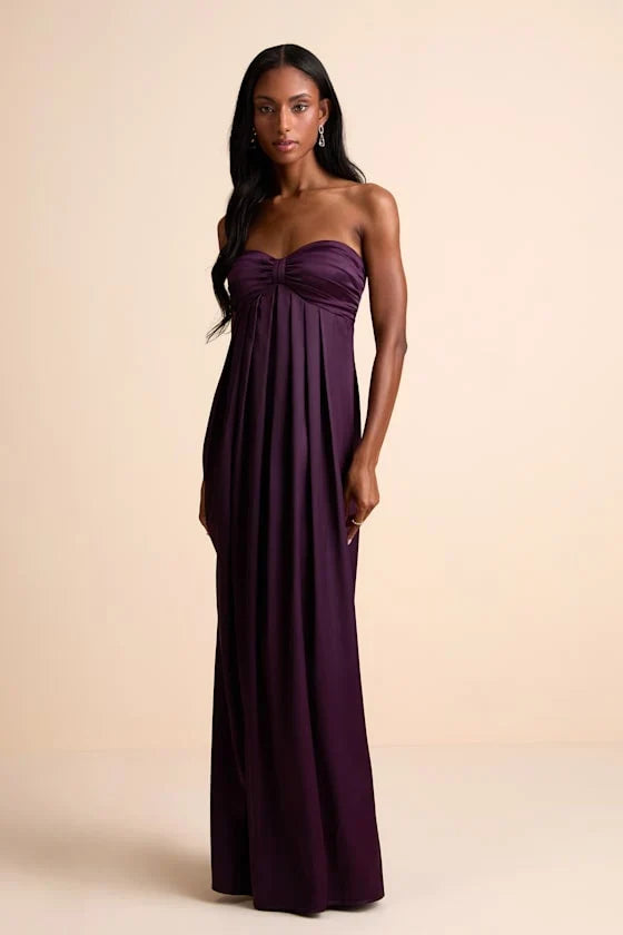 Memorable Entrance Dark Purple Strapless Satin Maxi Dress