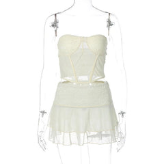 Mesh Solid Sleeveless Backless Lace Hem Tube Top Skirt Set