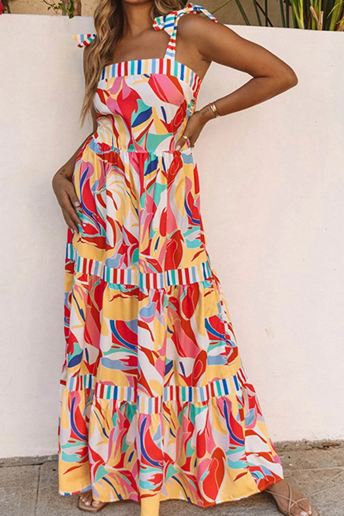 Printed Patchwork Tie-Straps Tiered Dress