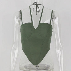 Solid Halter Notch Neck Self Tie Backless Cami Crop Top