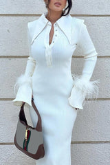 Lapel Single-Breasted Fuzzy Cuff Knit Dress