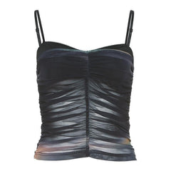 Mesh Contrast Ruched V Neck Backless Cami Top