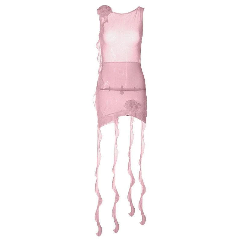 Sheer Mesh See Through Solid Ruffle Flower Applique Sleeveless Mini Dress
