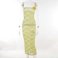 Lace Solid Flower Applique See Through Slit Cami Midi Dress