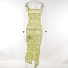 Lace Solid Flower Applique See Through Slit Cami Midi Dress
